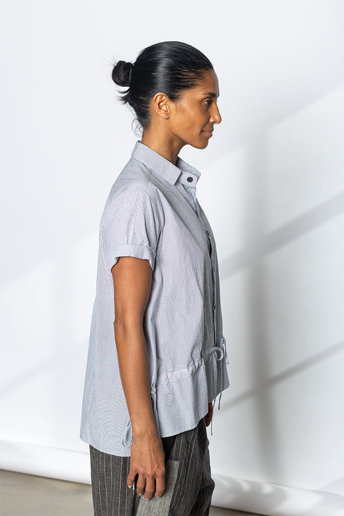 Drawstring Gather Short Sleeve Blouse - Navy