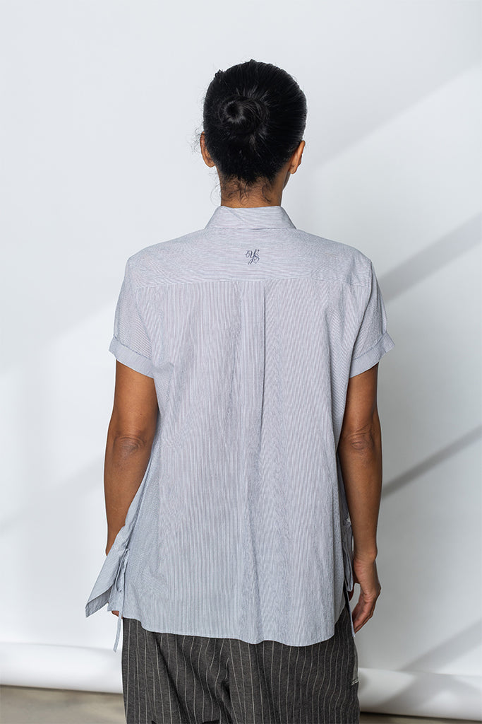 Drawstring Gather Short Sleeve Blouse - Navy