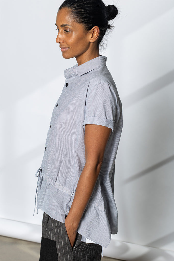 Drawstring Gather Short Sleeve Blouse - Navy