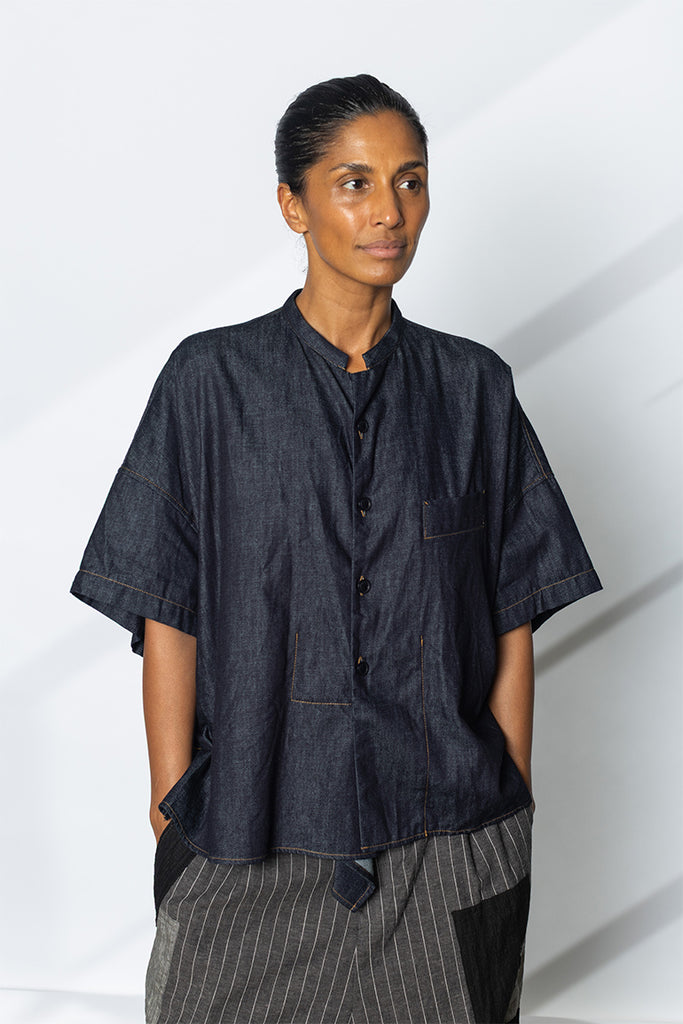 Half Sleeve Boxy Denim Shirt - Indigo
