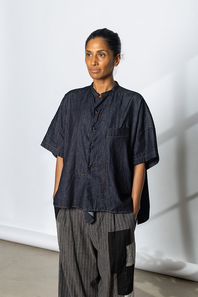 Half Sleeve Boxy Denim Shirt - Indigo