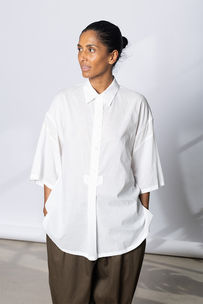 Half Sleeve Rib trim Blouse - White