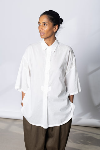 Half Sleeve Rib trim Blouse - White