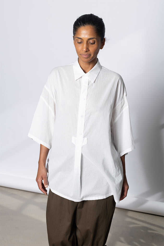 Half Sleeve Rib trim Blouse - White