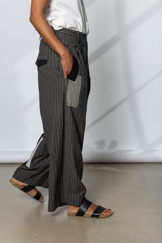 Pinstripe & Patchwork Pants - Grey