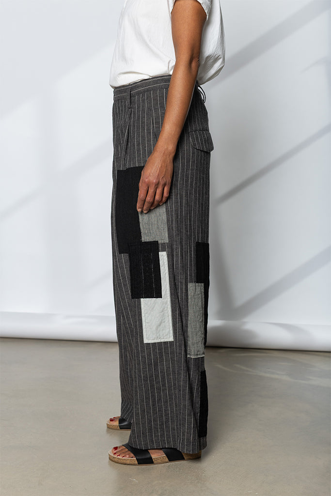 Pinstripe & Patchwork Pants - Grey