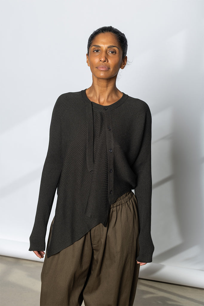 Short Asymmetrical Cardigan - Dark Army Green