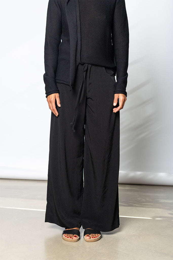 Wide Leg Drawstring Waist Pants - Black