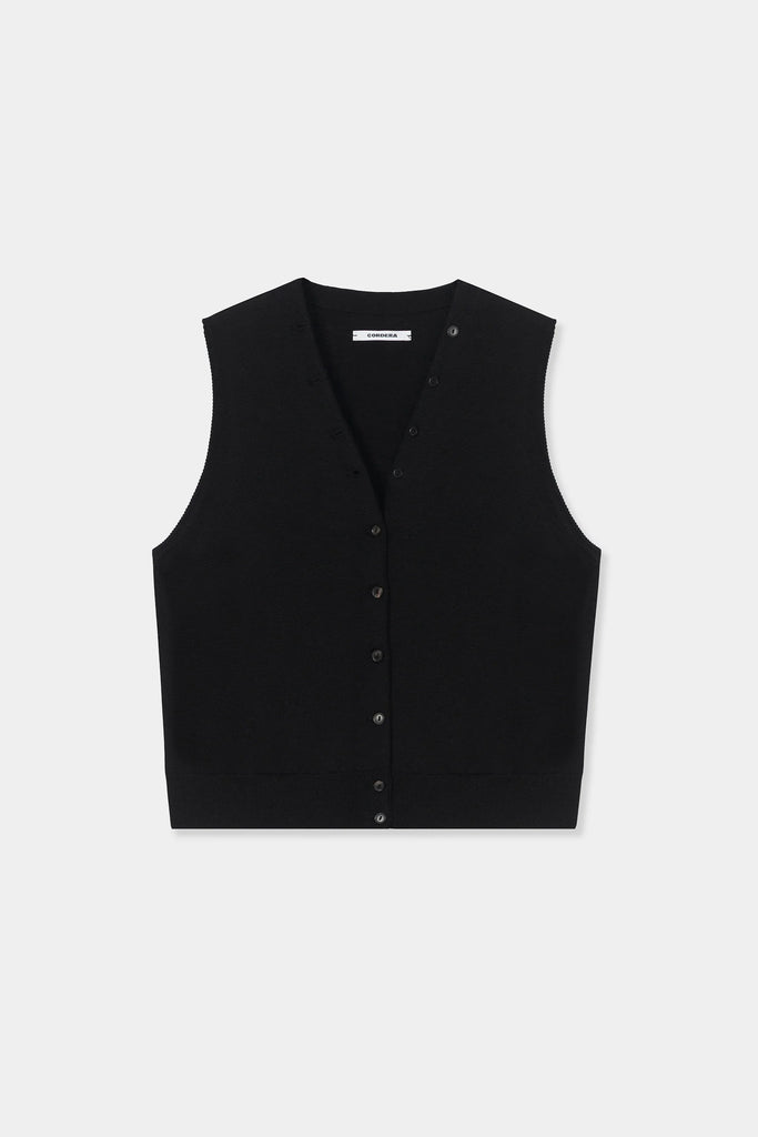 Merino Wool Button Waistcoat - Black