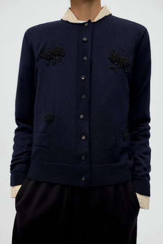 Merino Wool Embellished Cardigan - Navy