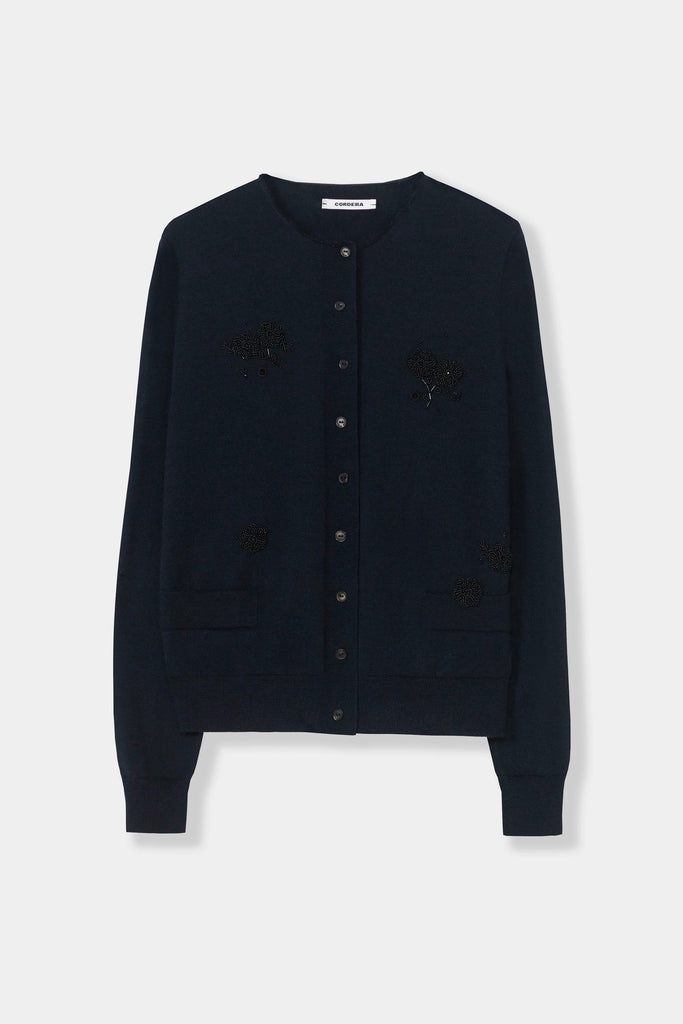 Merino Wool Embellished Cardigan - Navy