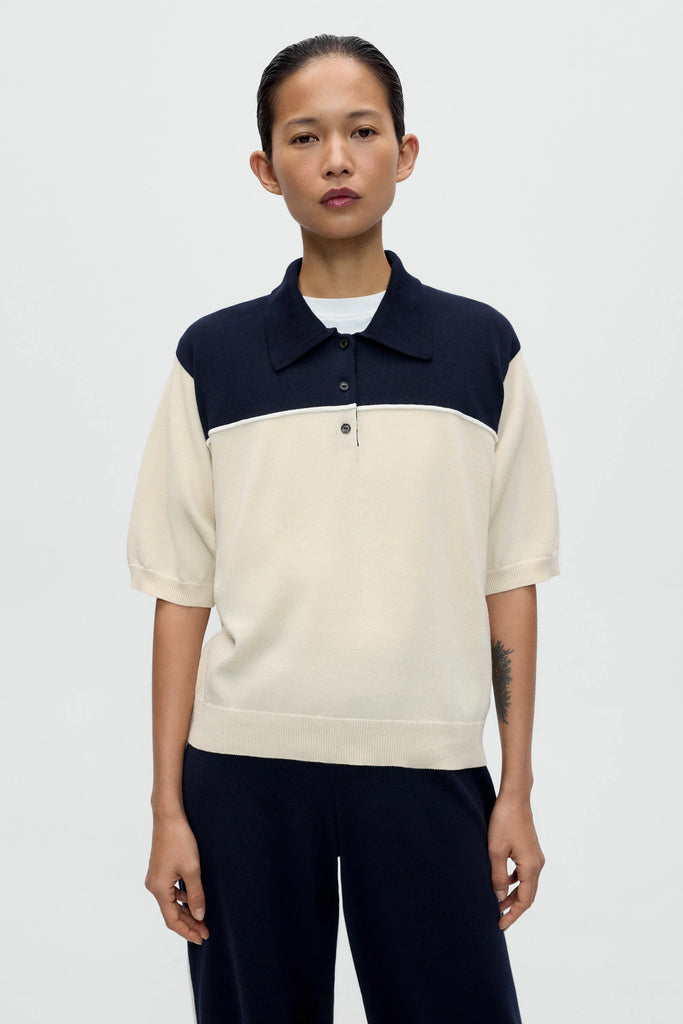 Organic Cotton Colorblock Polo - Navy/Cream