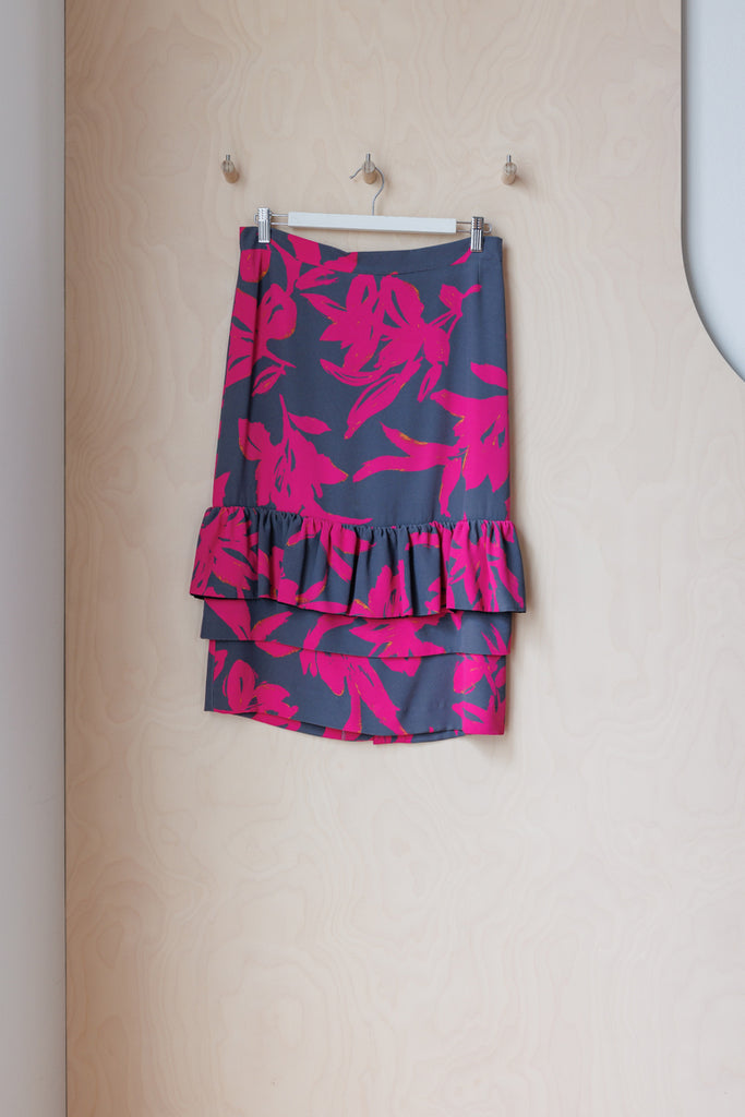 Archives Dries Van Noten Floral Ruffle Skirt - Grey/Pink