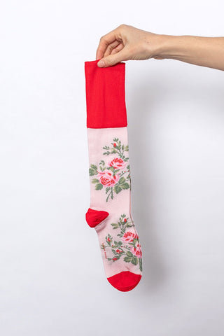 Knee High Rosebud Jacquard Socks - Red/Pink